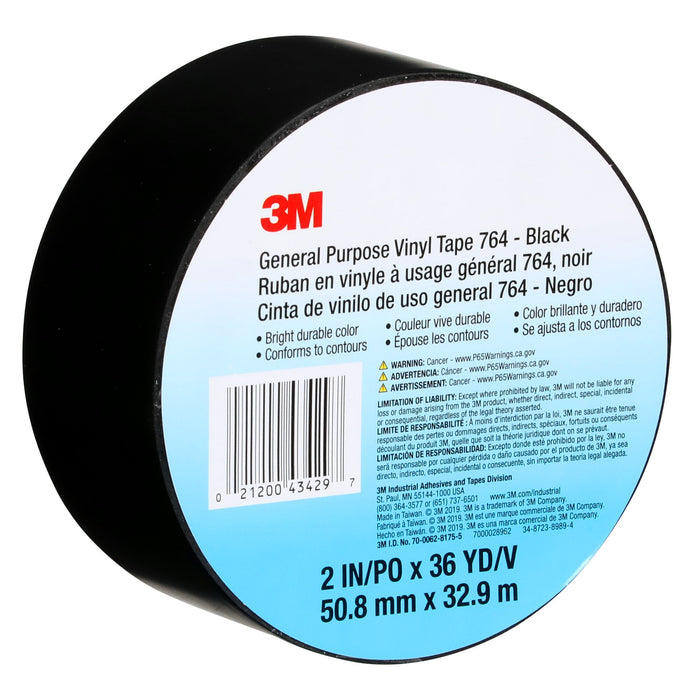 3M General Purpose Vinyl Tape 764, Black, 3 in x 36 yd, 5 mil, 12 Roll/Case