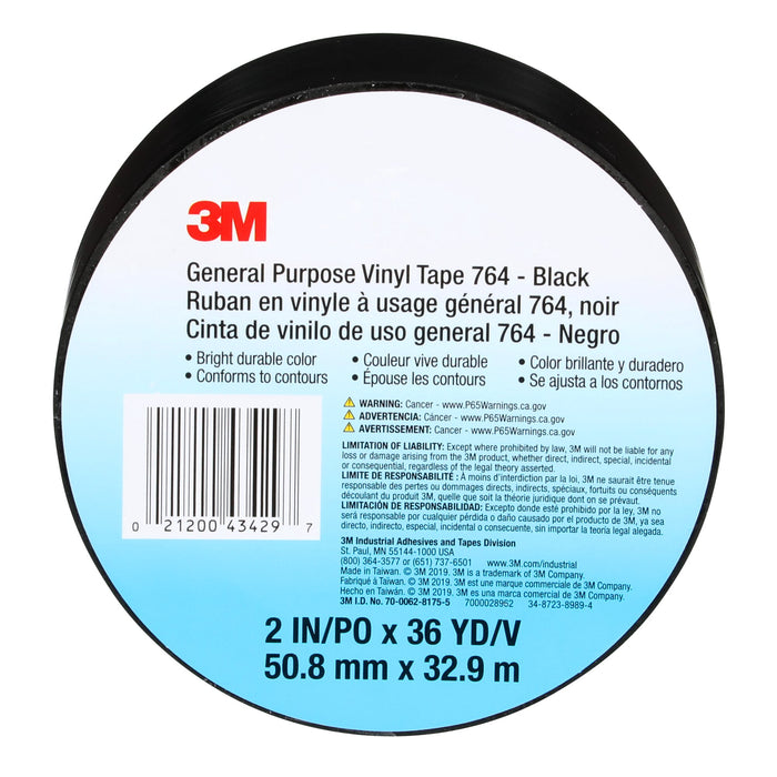 3M General Purpose Vinyl Tape 764, Black, 3 in x 36 yd, 5 mil, 12 Roll/Case