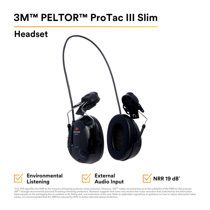 3M PELTOR ProTac III MT13H220P3E, Slim Headset, Black, Helmet Attached