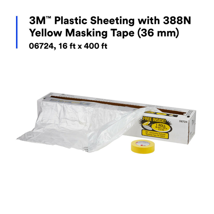 3M Plastic Sheeting with 388N Yellow Masking Tape (36 mm), 06724, 16 ftx 400 ft