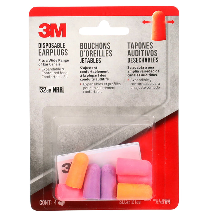 3M Disposable Earplugs, 92050H4-DC, Multicolor, 4 pairs/pack