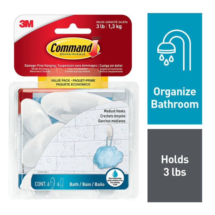 Command Bath Medium Hooks BATH18-6ESF, Value Pack