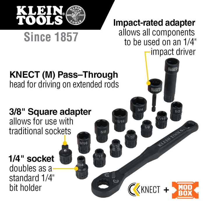Klein Tools 65400 Impact-Rated Pass Through Socket Set, 8 1/2" Drive, 15 Pc.