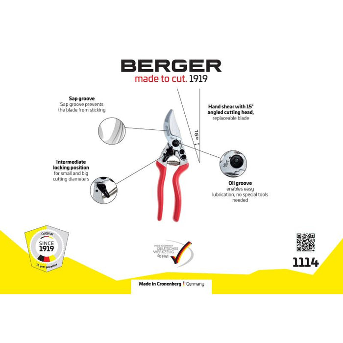 Berger Tools 1114 Pruning Hand Shear, Alu-Line, 15° Angled