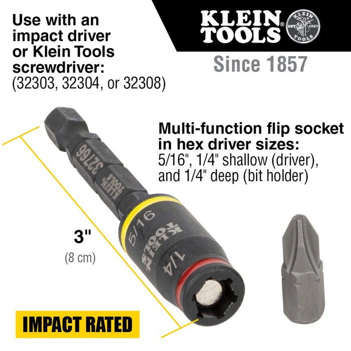 Klein 32766 3-in-1 Impact Flip Socket, 1/4-Inch, 5/16-Inch, 3-Inch Length
