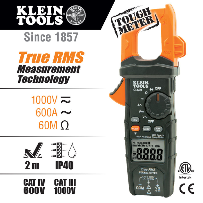 Klein Tools CL600 AC Auto-Ranging 600 Amp Digital Clamp Meter