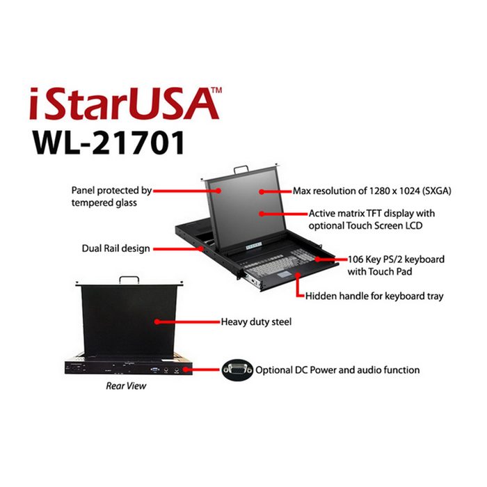 iStarUSA WL-21701 1U Rackmount 17" TFT LCD Keyboard Drawer