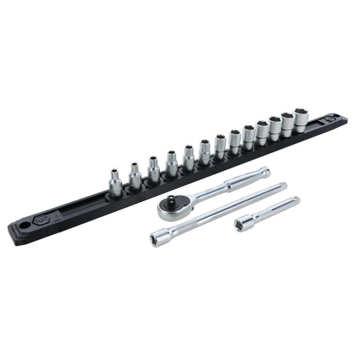 Wiha 33391 1/4 Inch Drive 6 Point Socket Set 4-14mm with Ratchet and Extensions 16-Piece
