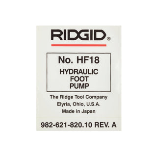 Ridgid 26037 Trade Name HF18 Decal