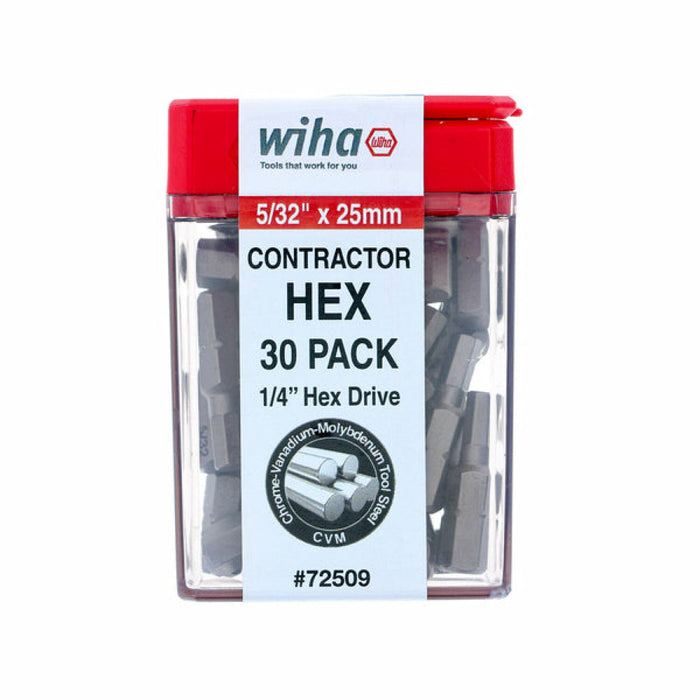 Wiha 72509 5/32" x 25mm Hex Contractor Insert Bit, 30 Pack