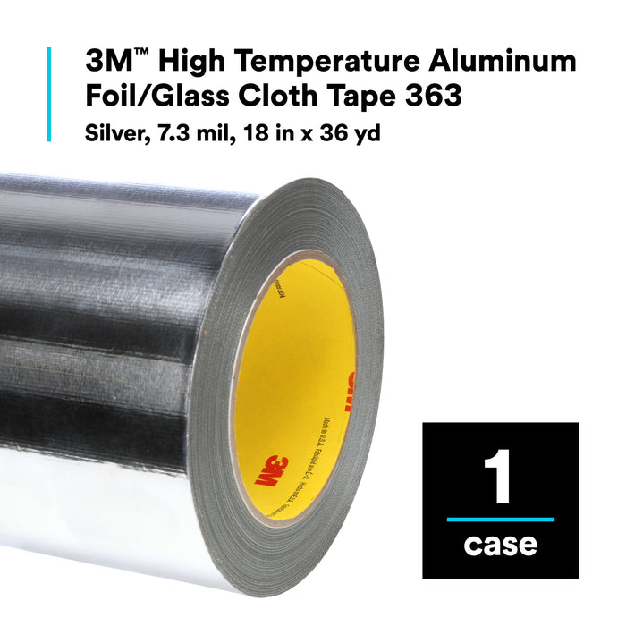 3M High Temperature Aluminum Foil Glass Cloth Tape 363, Silver, 18 in x36 yd
