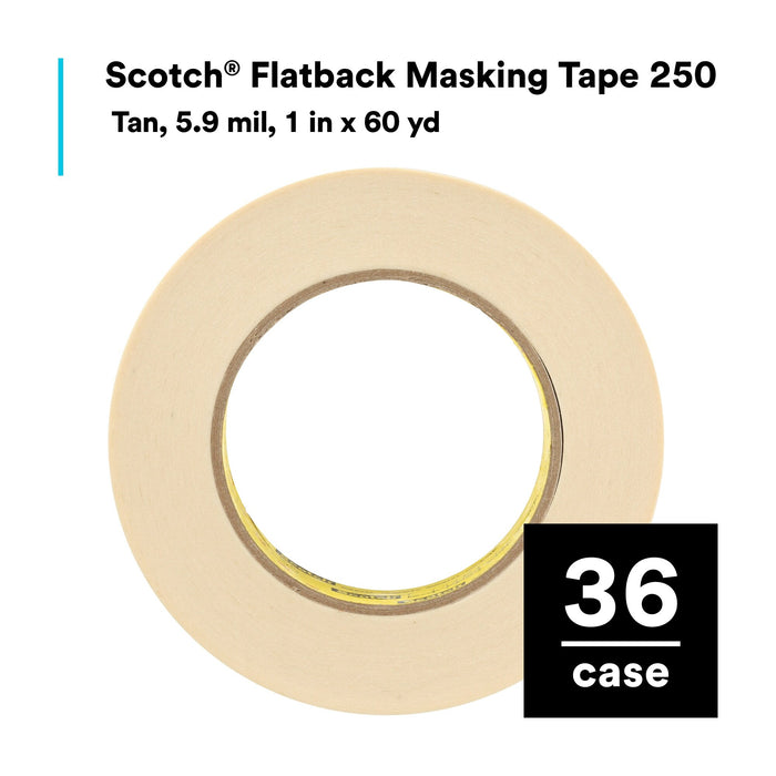 Scotch® Flatback Masking Tape 250 Tan, 1 in x 60 yd, 6.0 mil,