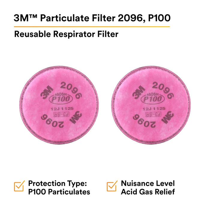 3M Particulate Filter 2096, P100, with Nuisance Level Acid Gas Relief100 EA/Case