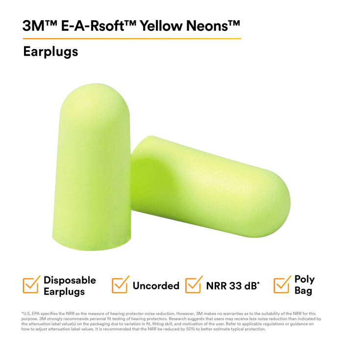 3M E-A-Rsoft Yellow Neons Earplugs 312-1250, Uncorded, Poly Bag