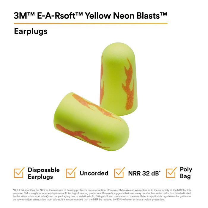3M E-A-Rsoft Yellow Neon Blasts Earplugs 312-1252, Uncorded, PolyBag