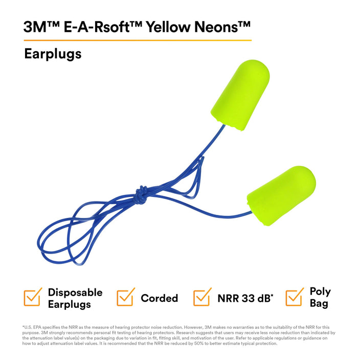 3M E-A-Rsoft Yellow Neons Earplugs 311-1250, Corded, Poly Bag,Regular Size