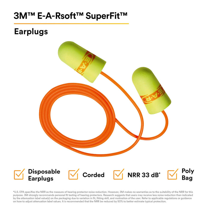 3M E-A-Rsoft SuperFit Earplugs 311-1254, Corded, Poly Bag, RegularSize