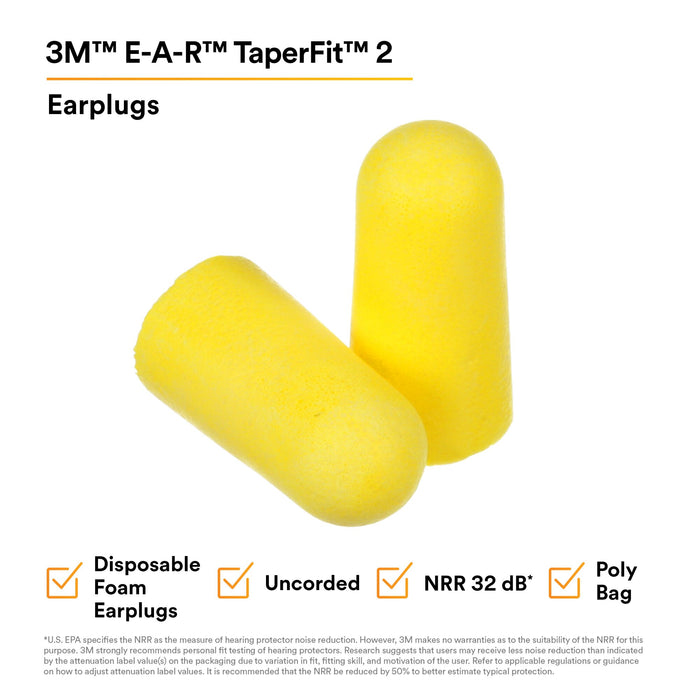 3M E-A-R TaperFit 2 Earplugs 312-1219, Uncorded, Poly Bag, RegularSize