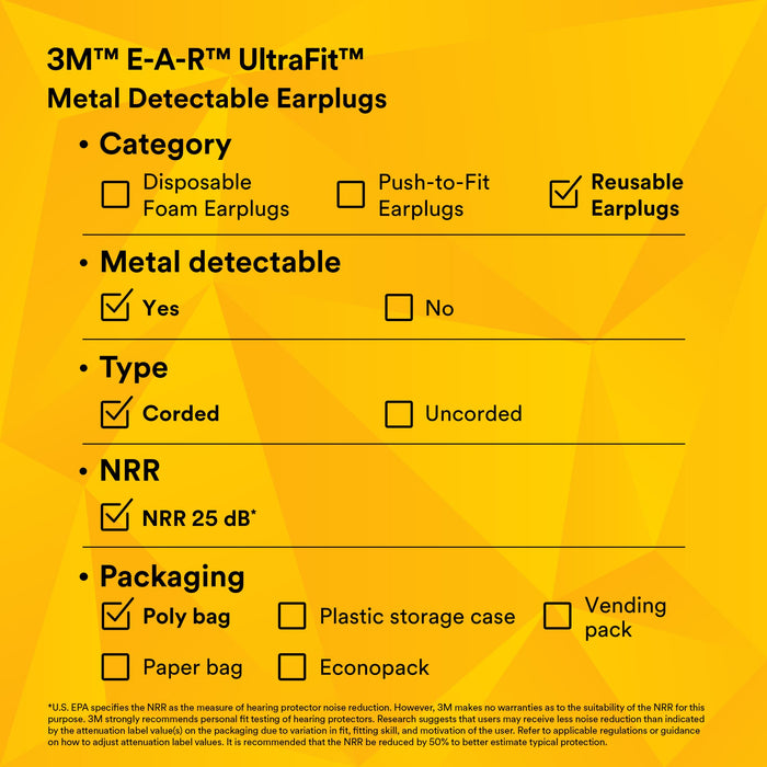 3M E-A-R UltraFit Earplugs 340-4007, Metal Detectable, Corded, PolyBag