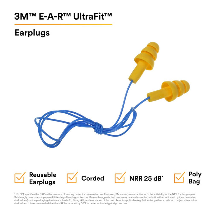 3M E-A-R UltraFit Earplugs 340-4004, Corded, Poly Bag