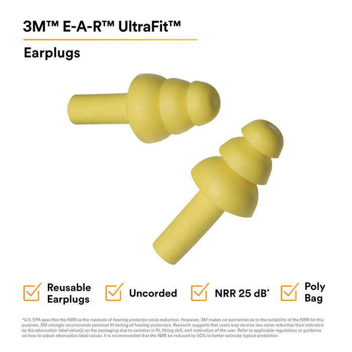 3M E-A-R UltraFit Earplugs 340-4003, Uncorded, Poly Bag