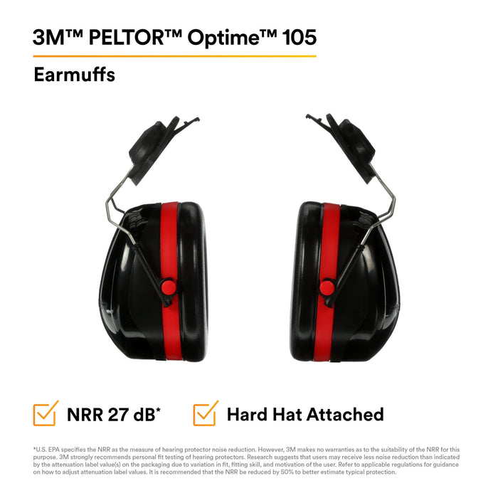 3M PELTOR Optime 105 Earmuffs H10P3E, Hard Hat Attached