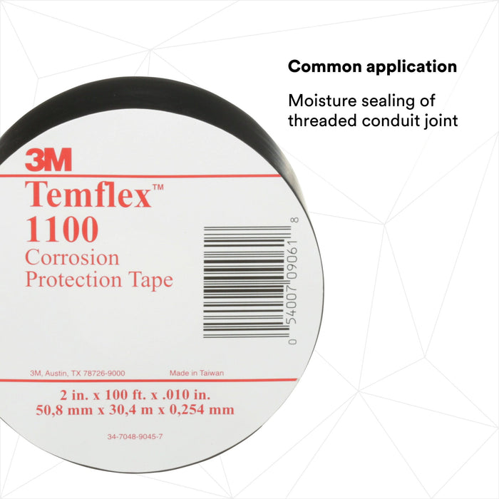 3M Temflex Vinyl Corrosion Protection Tape 1100, 2 in x 100 ft,Unprinted, Black