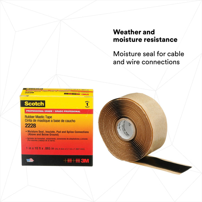 Scotch® Rubber Mastic Tape 2228, 1 in x 10 ft, Black, 1 roll/carton