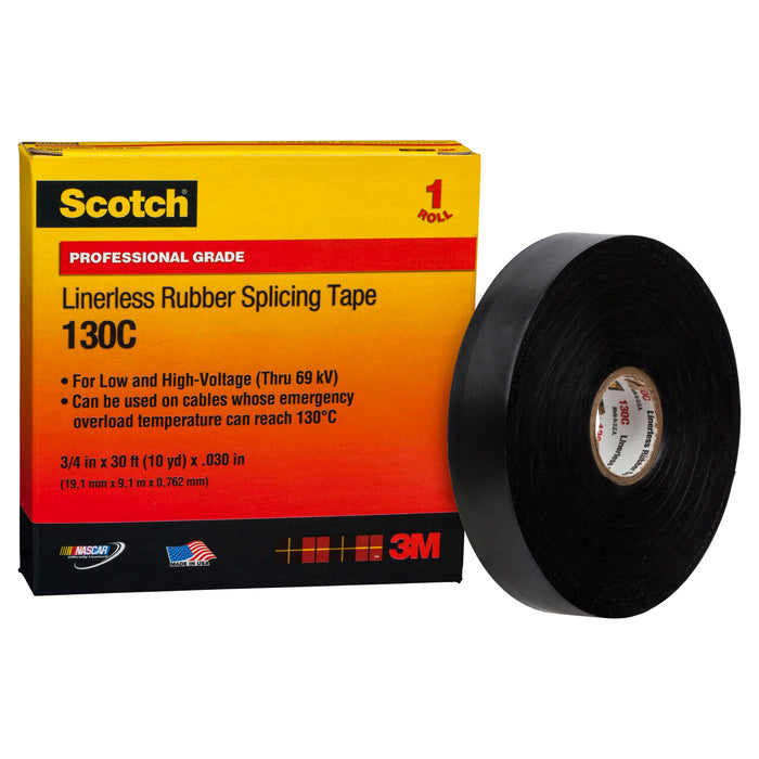 Scotch® Linerless Rubber Splicing Tape 130C, 3/4 in x 30 ft, Black