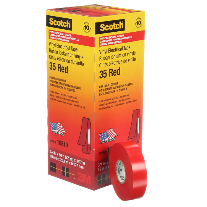 Scotch® Vinyl Color Coding Electrical Tape 35, 3/4 in x 66 ft, Red