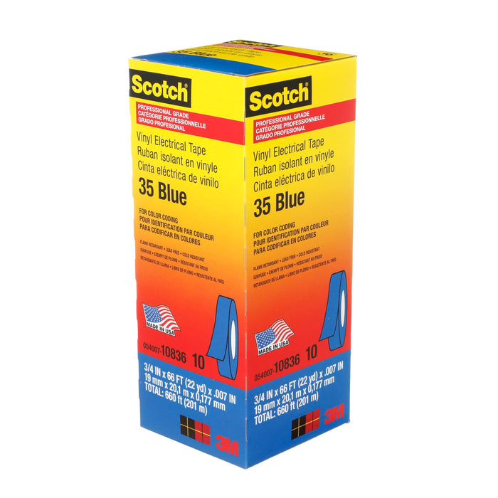 Scotch® Vinyl Color Coding Electrical Tape 35, 3/4 in x 66 ft, Blue