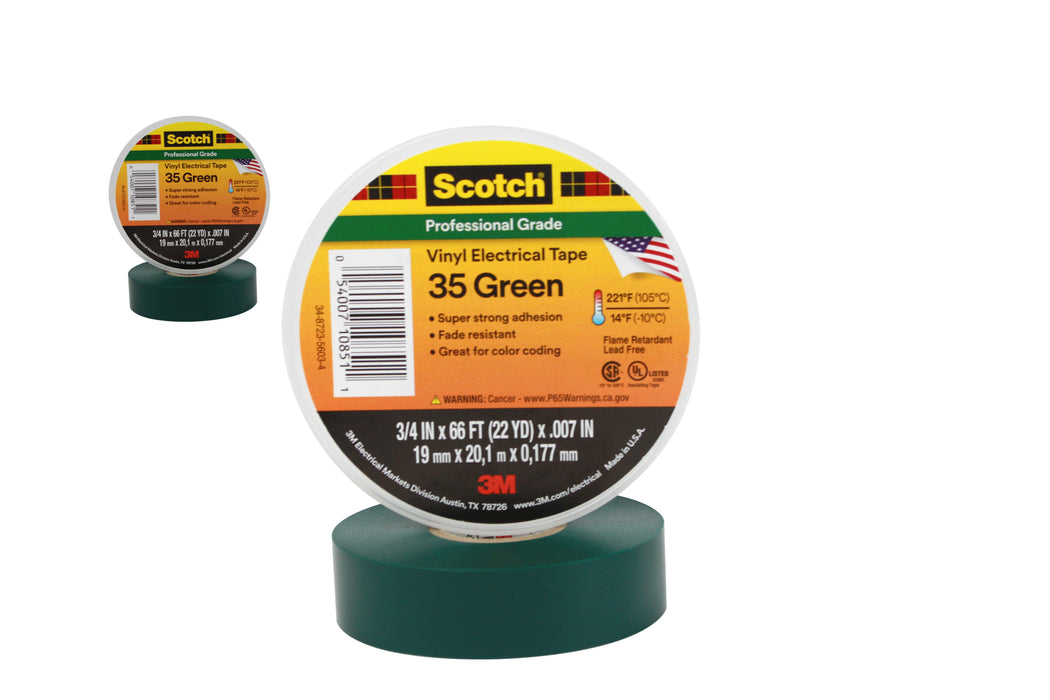 Scotch® Vinyl Color Coding Electrical Tape 35, 3/4 in x 66 ft, Green