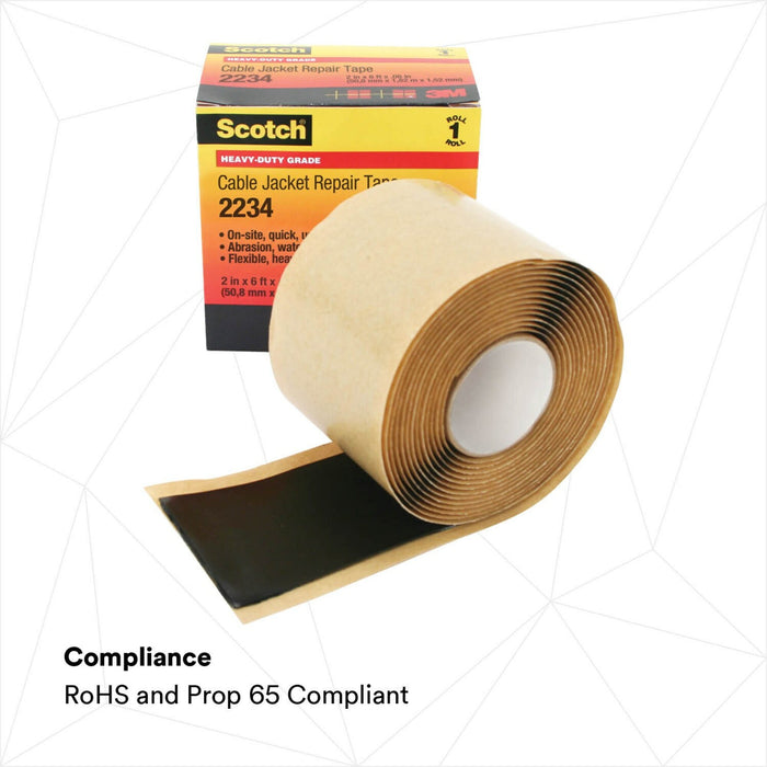 Scotch® Cable Jacket Repair Tape 2234, 2 in x 6 ft, Black, 1roll/carton