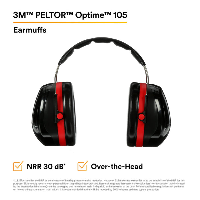 3M PELTOR Optime 105 Earmuffs H10A, Over-the-Head