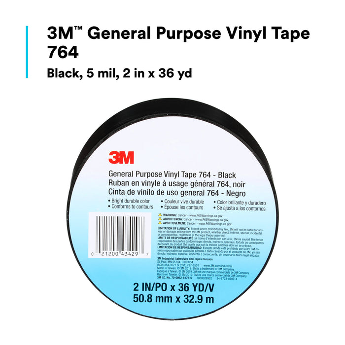 3M General Purpose Vinyl Tape 764, Black, 2 in x 36 yd, 5 mil, 24 Roll/Case