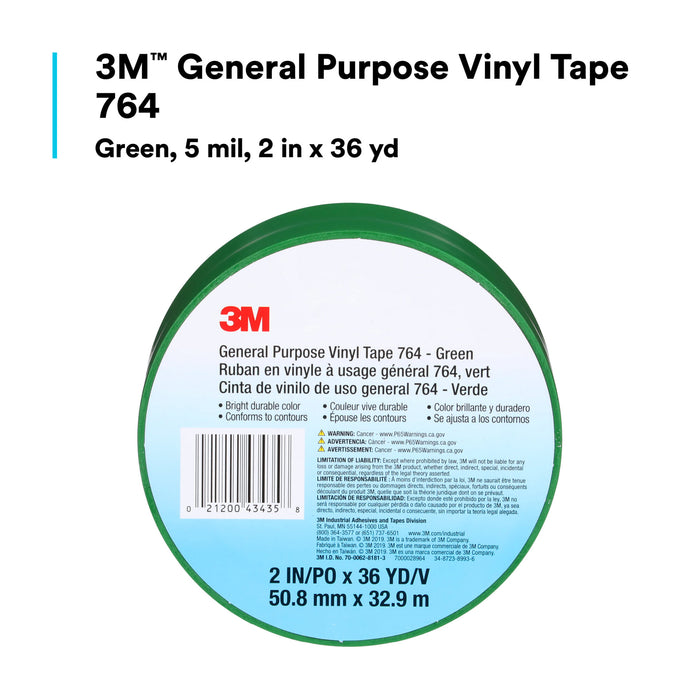 3M General Purpose Vinyl Tape 764, Green, 2 in x 36 yd, 5 mil, 24 Roll/Case