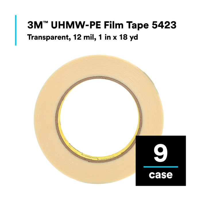 3M UHMW Film Tape 5423, Transparent, 1 in x 18 yd, 12 mil, 9 rolls percase