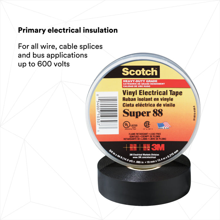 Scotch® Vinyl Electrical Tape Super 88, 3/4 in x 44 ft, Black, 10rolls/carton