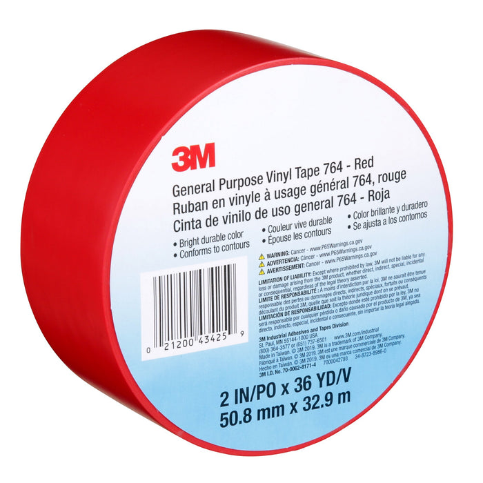 3M General Purpose Vinyl Tape 764, Red, 2 in x 36 yd, 5 mil, 24 Roll/Case