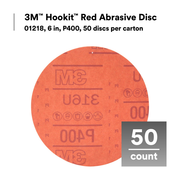3M Hookit Red Abrasive Disc, 01218, 6 in, P400, 50 discs per carton