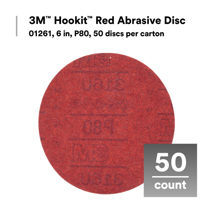 3M Hookit Red Abrasive Disc, 01261, 6 in, P80, 50 discs per carton