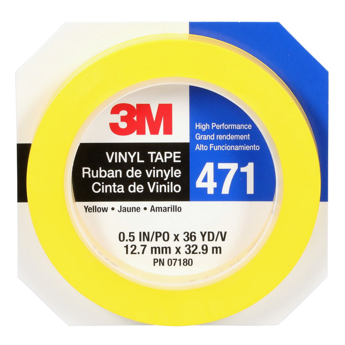 3M Vinyl Tape 471, Yellow, 1/2 in x 36 yd, 5.2 mil