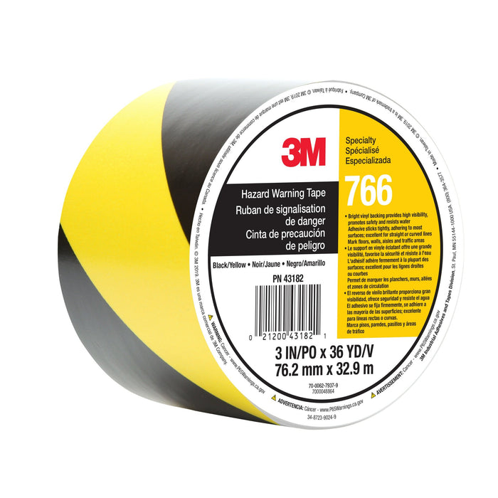 3M Safety Stripe Vinyl Tape 766, Black/Yellow, 3 in x 36 yd, 5 mil, 12 Roll/Case