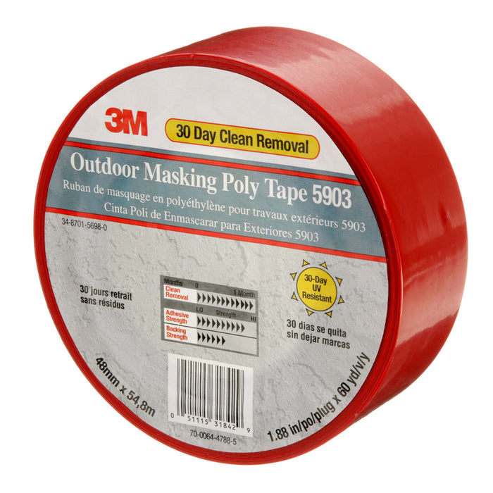 3M Outdoor Masking Poly Tape 5903, Red, 48 mm x 54.8 m, 7.5 mil, 24Roll/Case