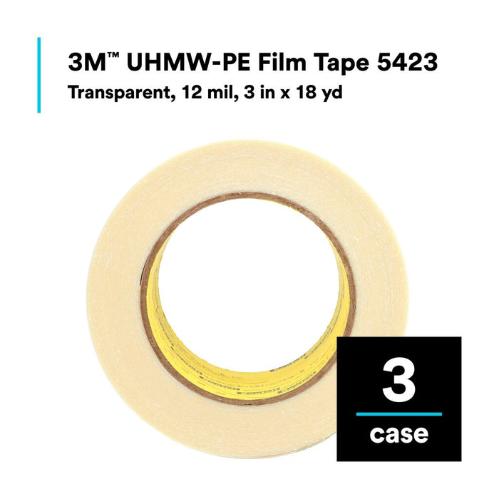 3M UHMW Film Tape 5423, Transparent, 3 in x 18 yd, 12 mil, 3 rolls percase