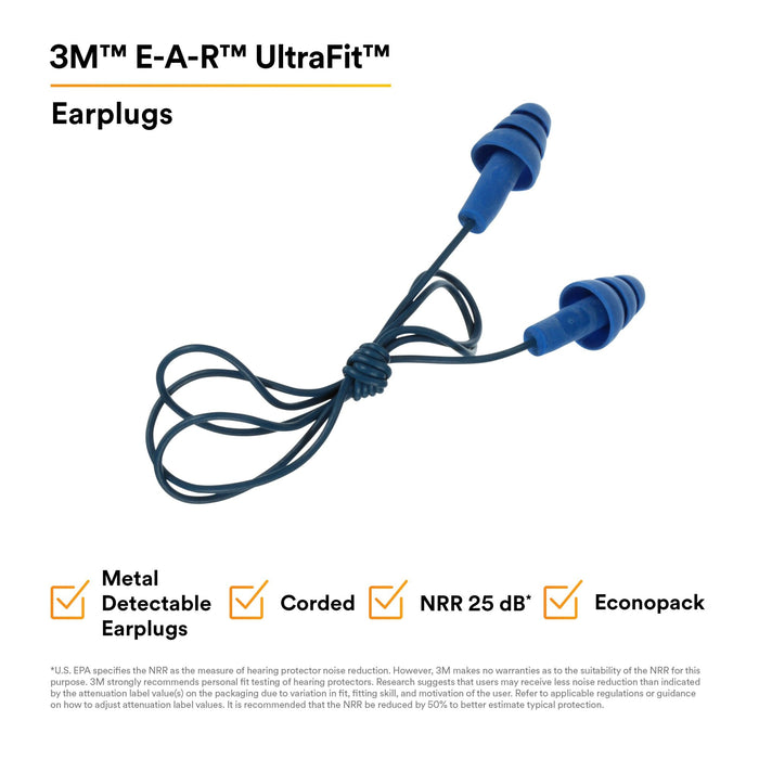 3M E-A-R UltraFit Earplugs 340-4017, Metal Detectable, Corded,Econopack