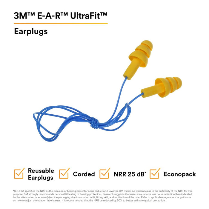 3M E-A-R UltraFit Earplugs 340-4014, Corded, Econopack