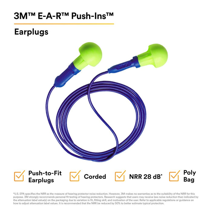 3M E-A-R Push-Ins Earplugs 318-1001, Corded, Poly Bag