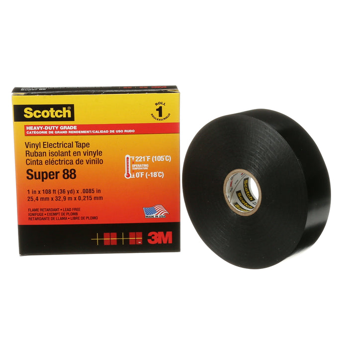 Scotch® Vinyl Electrical Tape Super 88, 1 in x 36 yd, Black, 12rolls/carton