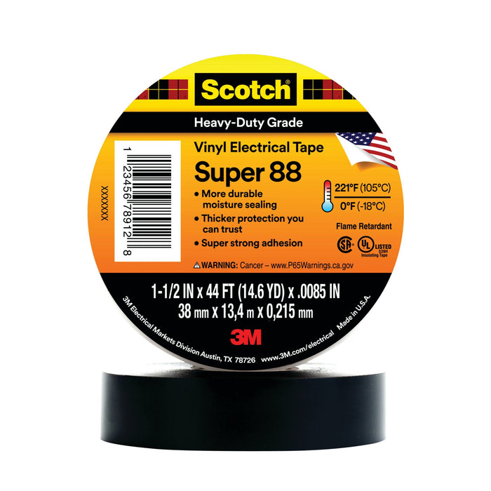 Scotch® Vinyl Electrical Tape Super 88, 1-1/2 in x 44 ft, Black, 10rolls/carton